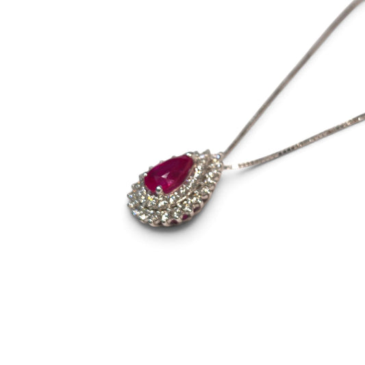 Pendente in Oro Bianco 18kt con Rubino CT 0.60 Goccia e Diamanti CT 0.37