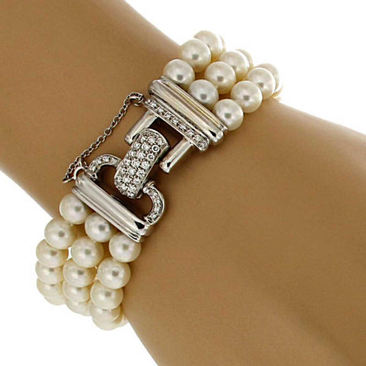 Bracciale di Perle a tre Fili con Distanziatori di Diamanti 7/7.5 mm