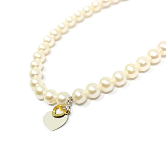 Girocollo di Perle 5/5,5mm con Cuori in Oro Bicolore