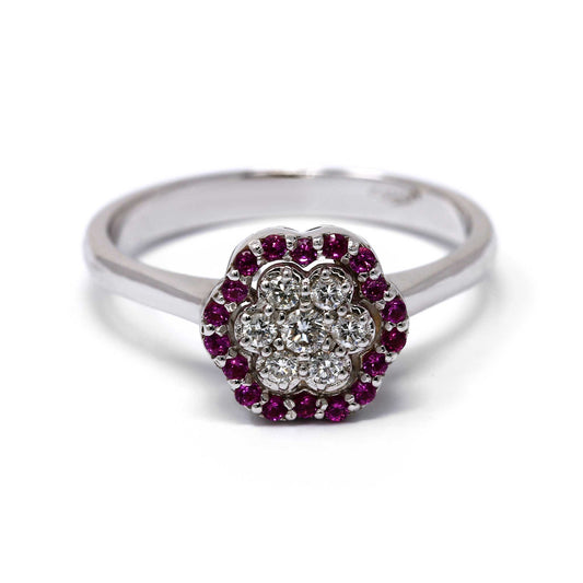 Anello Fiore con Rubini e Diamanti Bianchi