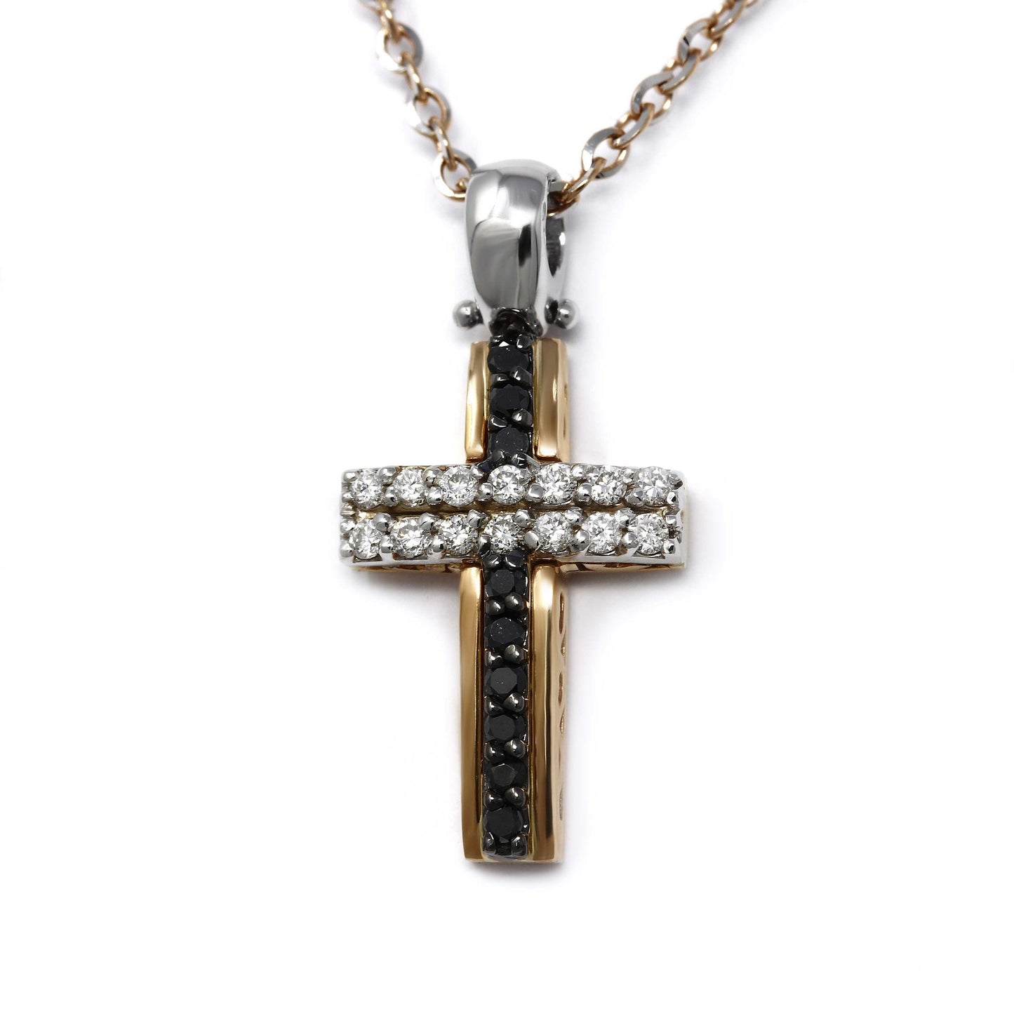 Pendente Croce Bicolore con Diamanti Neri CT 0.09 e Bianchi CT 0.14