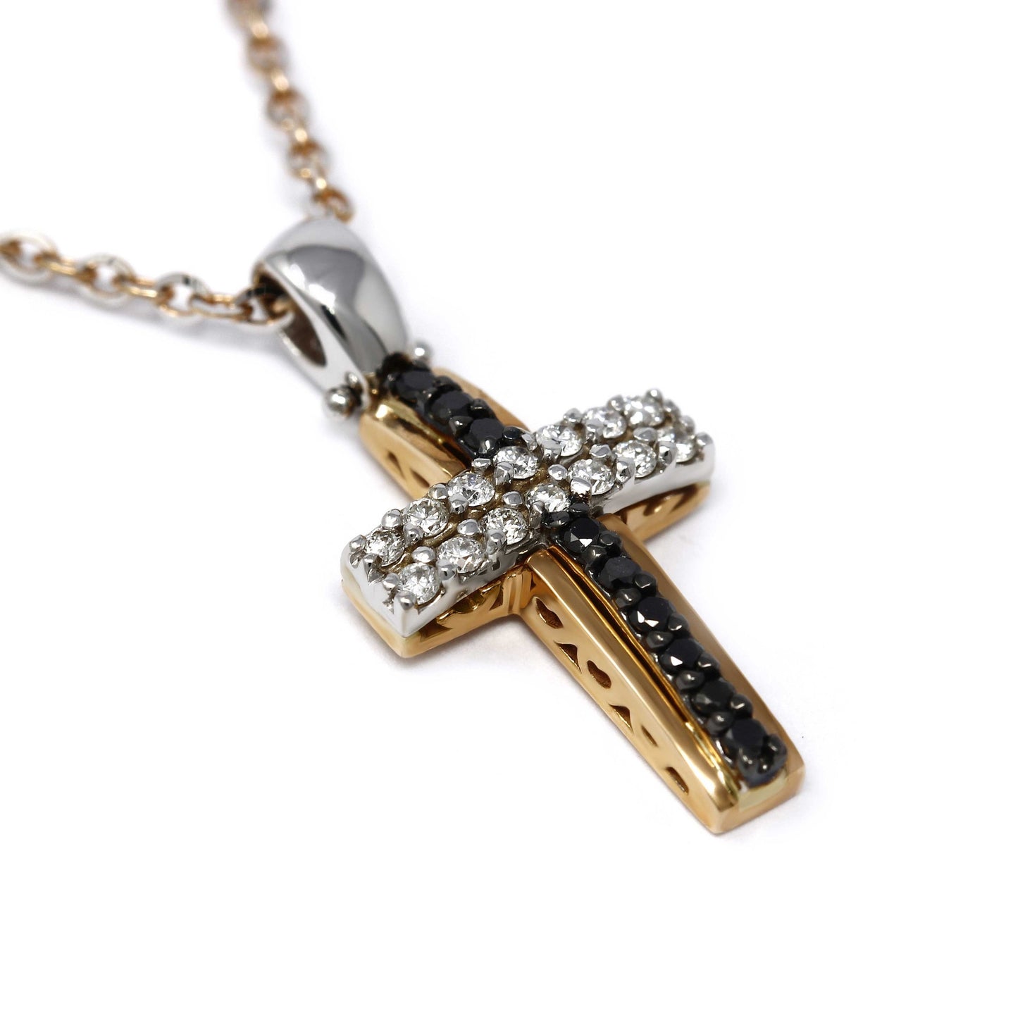 Pendente Croce Bicolore con Diamanti Neri CT 0.09 e Bianchi CT 0.14
