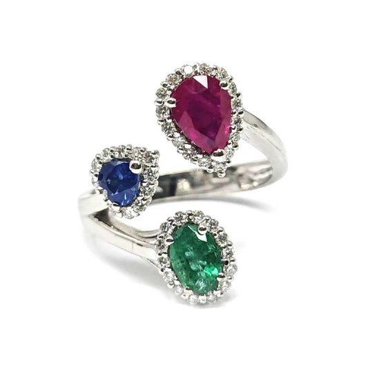 Anello con Smeraldo CT 0.40 Rubino CT 0.60 e Zaffiro CT 0.30