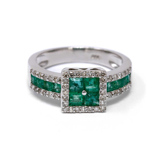 Anello con Smeraldi taglio Quadrato e Diamanti Bianchi