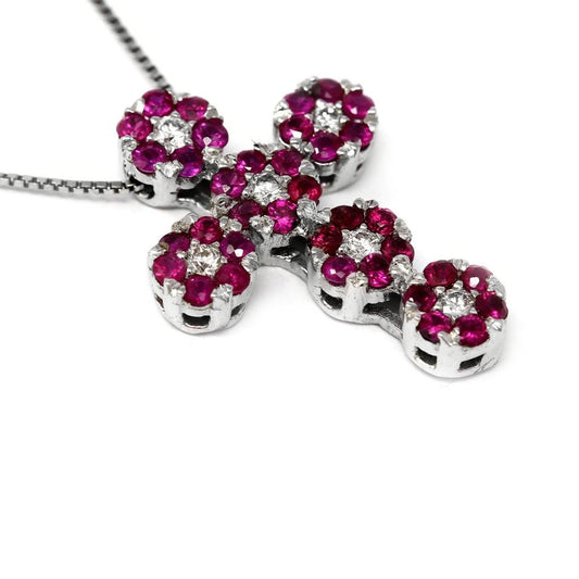 Croce Linea Fiore con Diamanti CT 0.12 e Rubini CT 0.40
