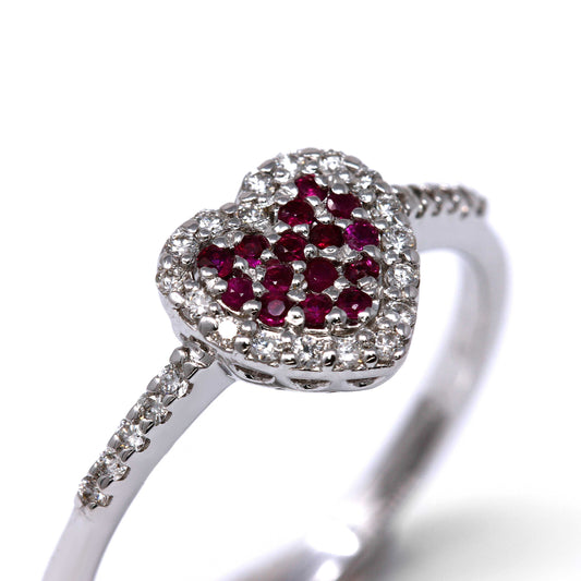 Anello Cuore con Rubini CT 0.11 e Diamanti Bianchi CT 0.14