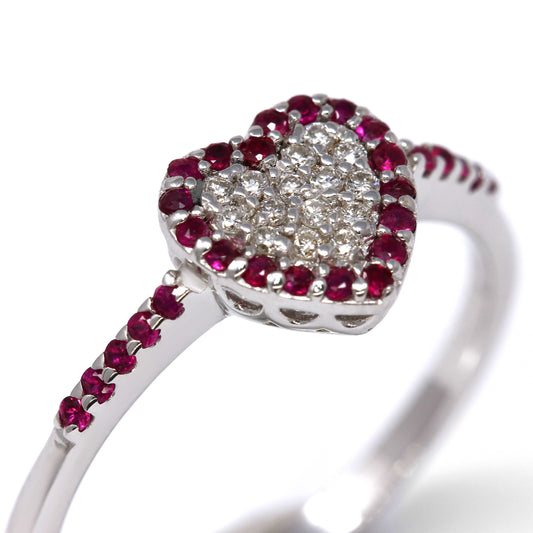 Anello a Cuore con Diamanti Bianchi CT 0.09 e Rubini CT 0.20