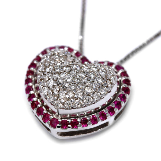 Pendente a Cuore con Diamanti Bianchi CT 0.30 e Rubini CT 0.28