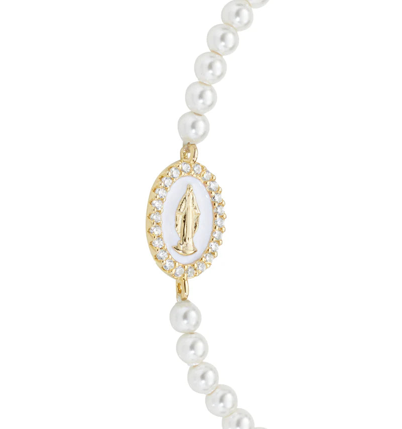 Bracciale di Perle con Medaglia Miracolosa Dorata e Smalto Bianco Perla Ref. BRELPE30SWGB