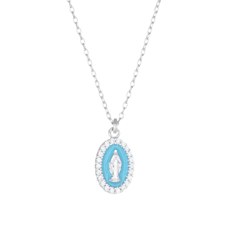Collana Rodiata mini Medaglia Miracolosa smaltata Turchese