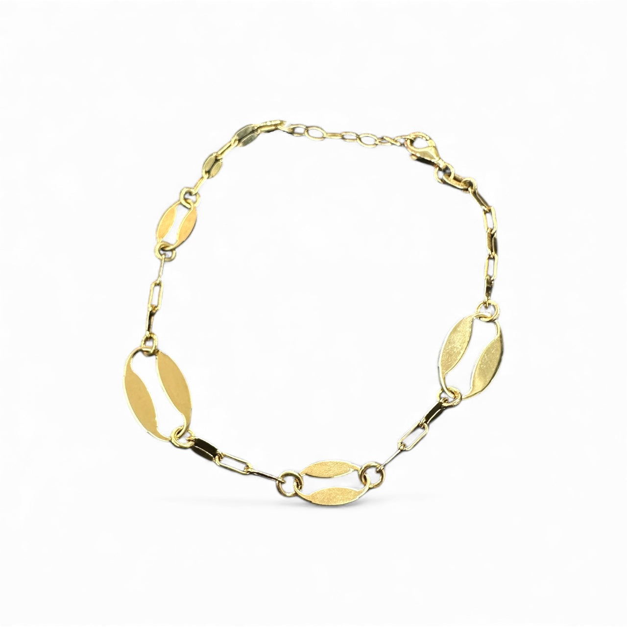 Bracciale in argento 925 dorato con maglie ovali e piastrine lucide