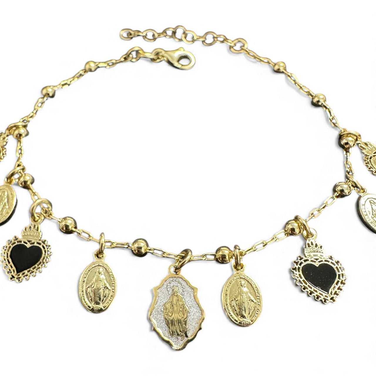 Bracciale Dorato con Ciondoli Sacri e Cuori Smaltati