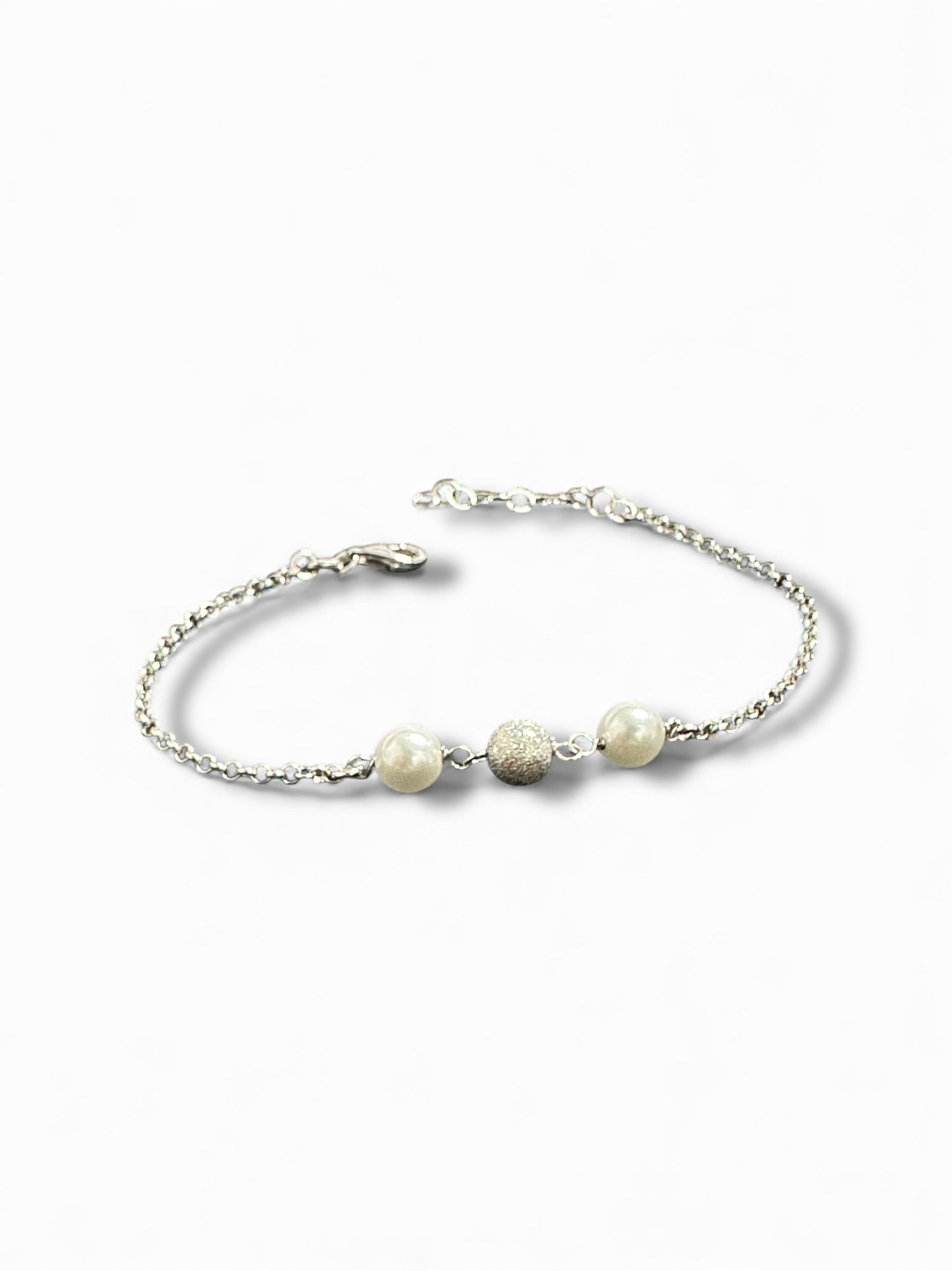 Bracciale in Argento 925 con Perle Bianche e Sfera Brillantinata