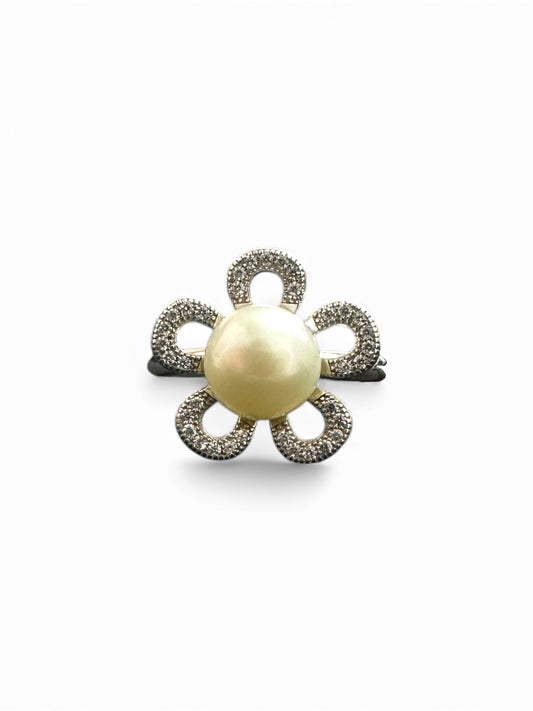 Anello in Argento 925 a Fiore con Perla Centrale e Zirconi – Misura 18