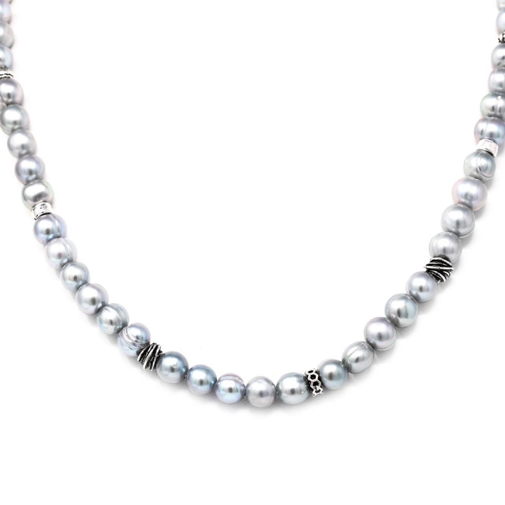Collana di perle grigie con inserti in argento