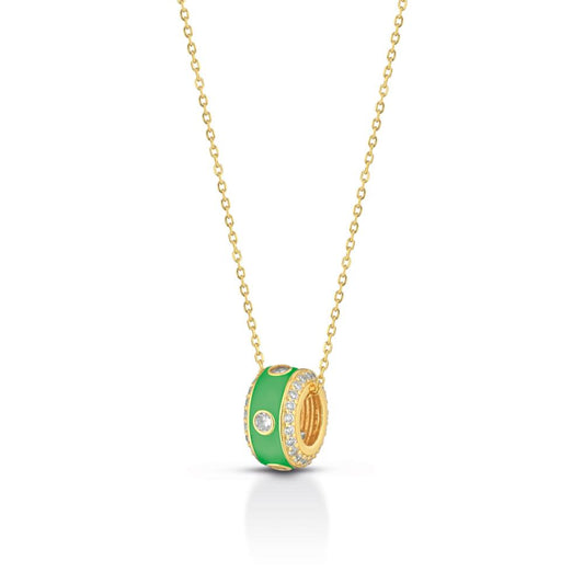 Collana in Argento 925 oro giallo con pendente smaltato verde e zirconi bianchi