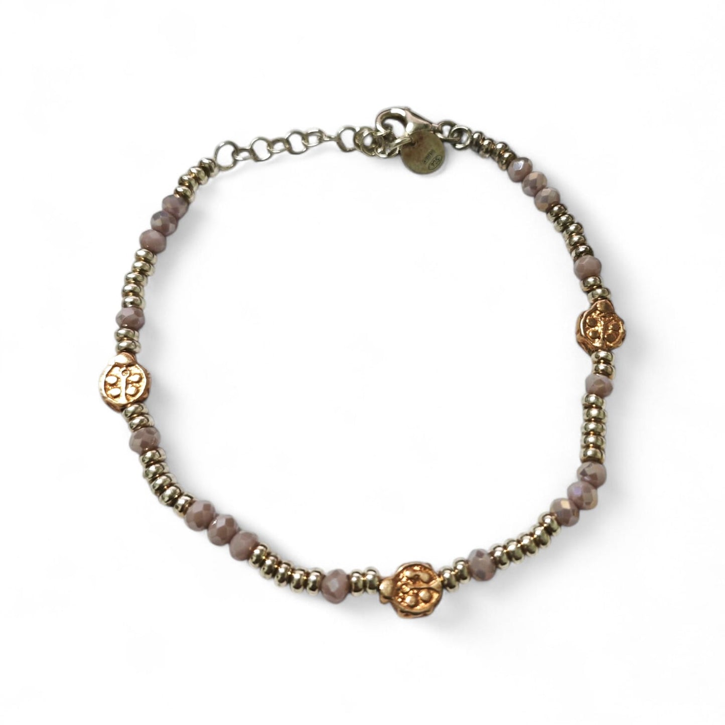 Bracciale con pietre argento e rosa e 3 coccinelle dorate