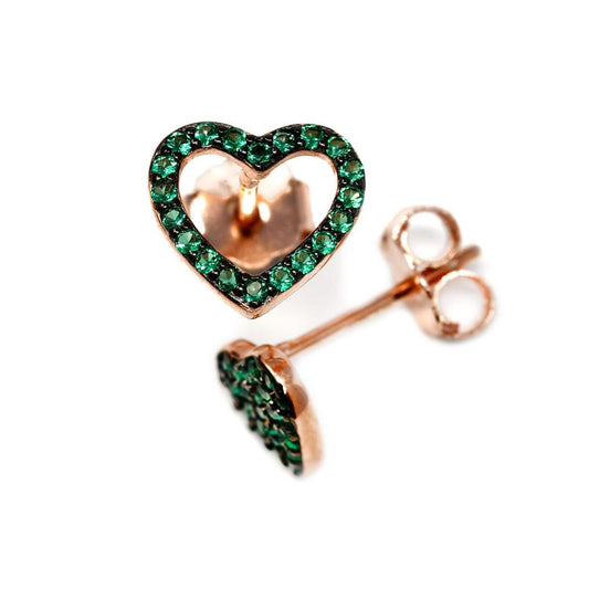Orecchini Cuore con Zirconi Verdi in Argento Rosato