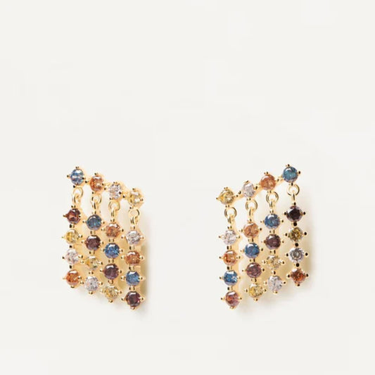 Orecchini pendenti in argento placcato oro con 4 file di 5 pietre colorate ciascuna