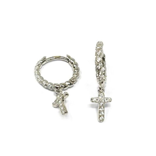 Orecchino a cerchio particolare con croce e zirconi bianchi