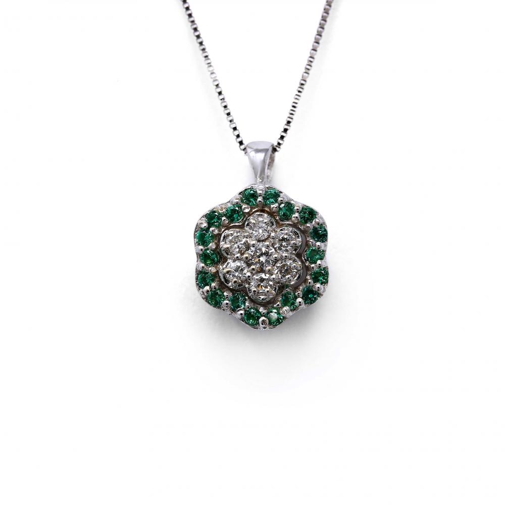 Pendente con Smeraldi CT 0.09 e Diamanti CT 0.10 Modello Fiore