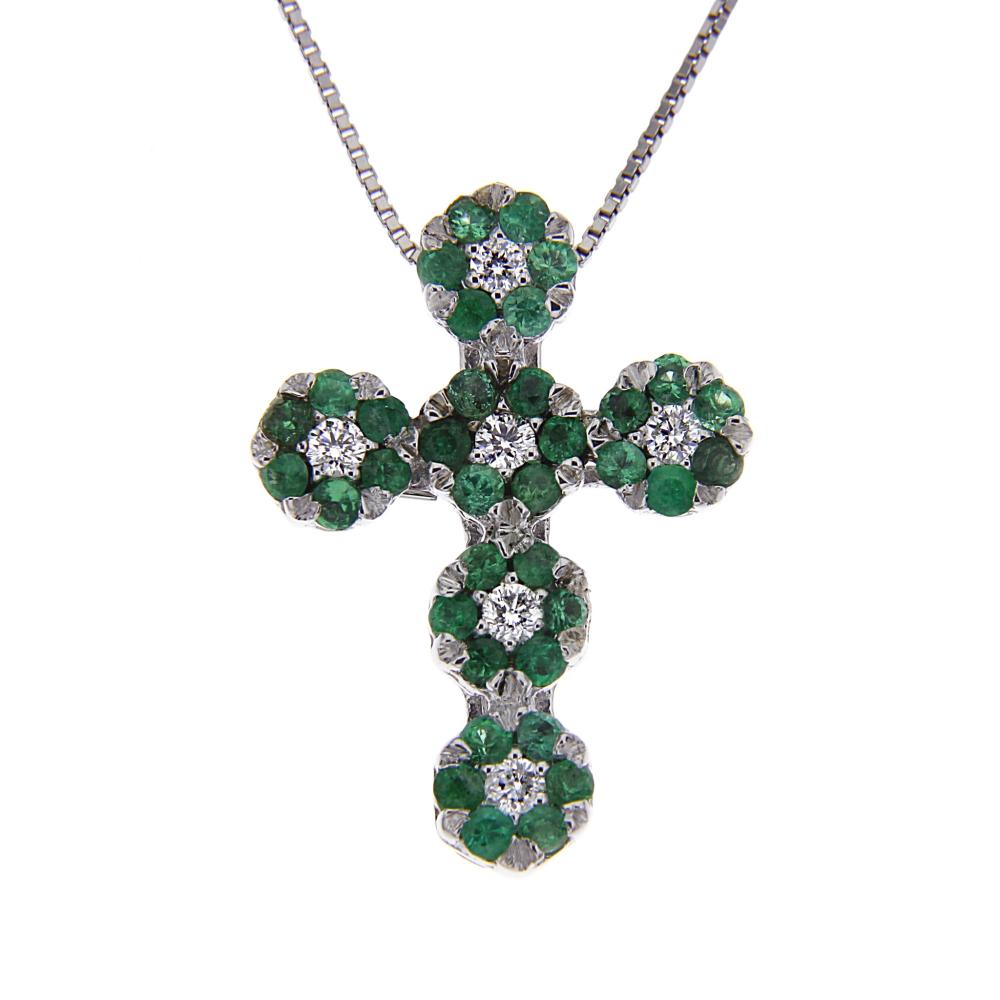 Pendente Croce con Diamanti CT 0.12 e Smeraldi CT 0.40