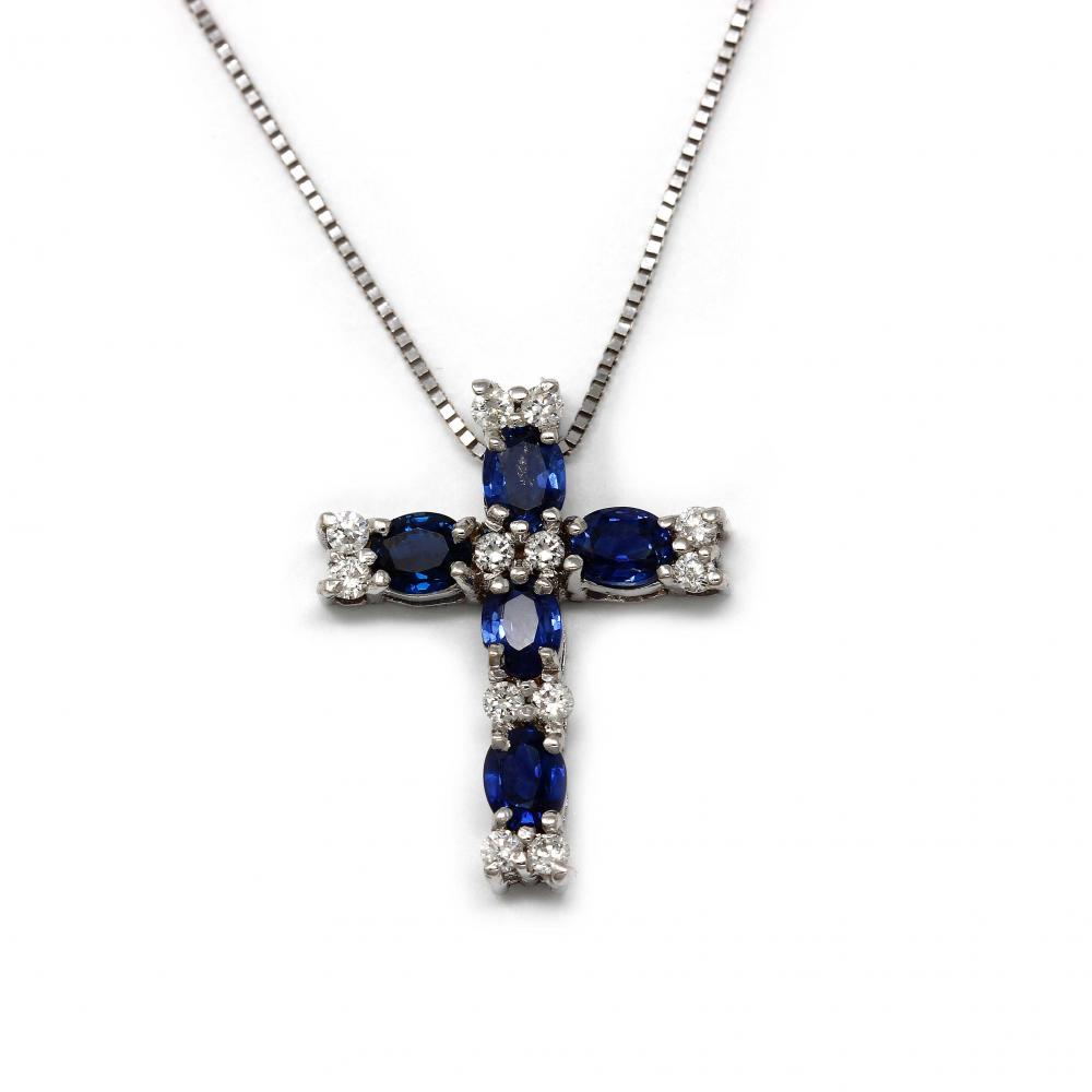 Pendente croce con Zaffiri CT 1.72 e Diamanti Bianchi CT 0.13