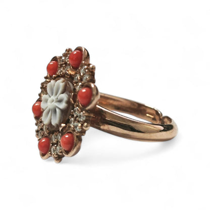 Anello in Argento Rosato con Zirconi e Coralli Naturali