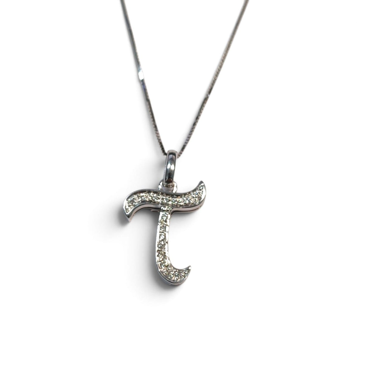 Pendente Lettera T in Oro Bianco 18kt con Diamanti CT 0.10