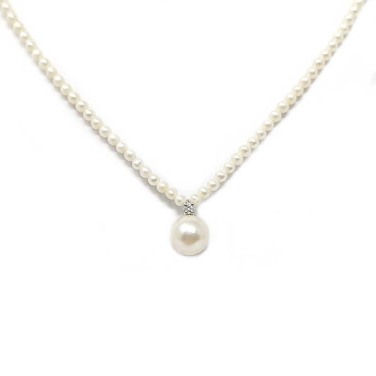 Girocollo di Perle Freshwater 2/2.5 mm con Pendente di Diamanti e Perla 7/7.5