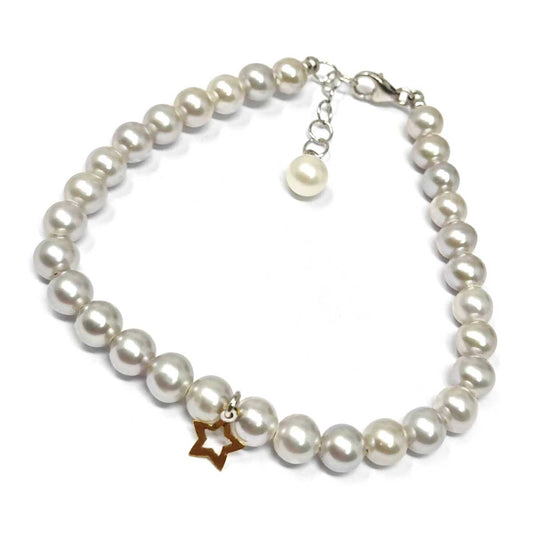 Bracciale di Perle Grigie 5/5.5mm con Stella in Oro Giallo