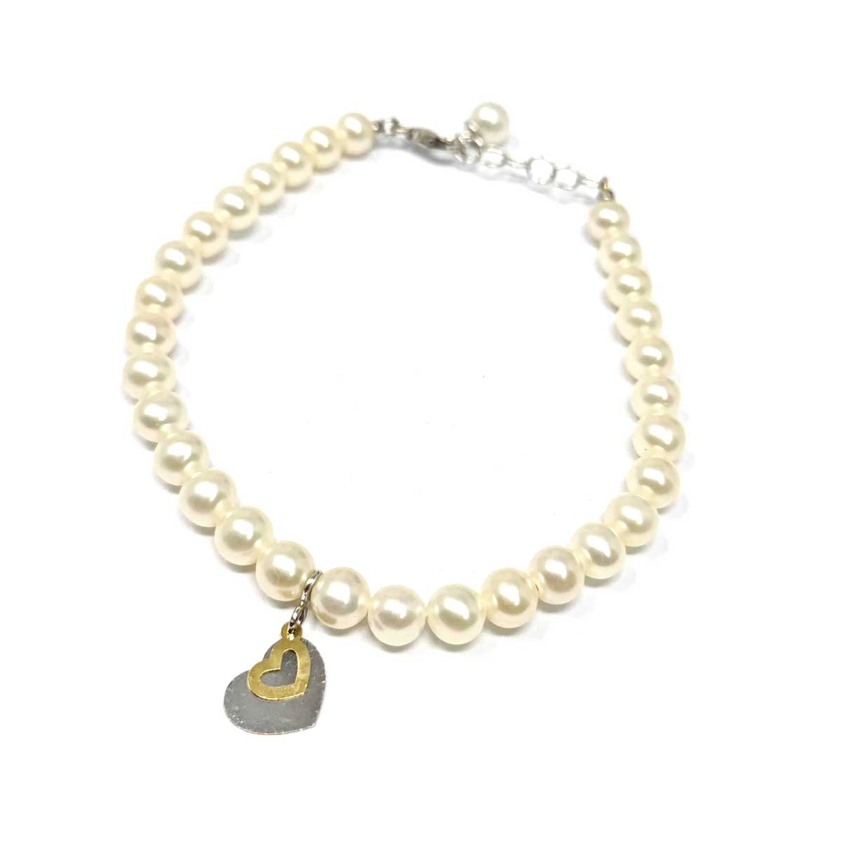 Bracciale di Perle con Cuore in Oro Bicolore