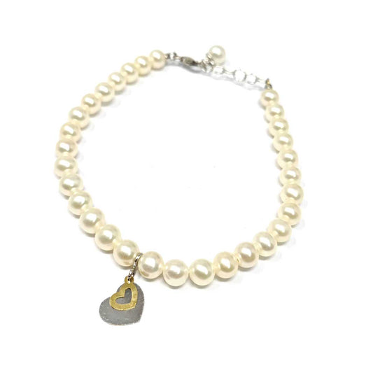 Bracciale di Perle con Cuore in Oro Bicolore