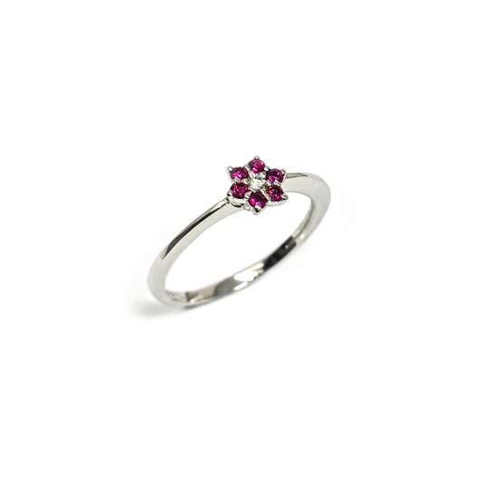 Anello Fiore con Rubini CT 0.14 e Diamanti CT 0.03