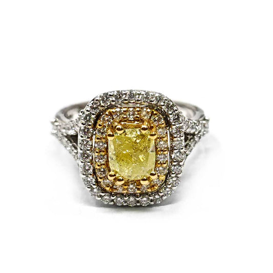 Anello Solitario bicolore con Diamanti CT 0.98 e centrale Yellow CT 1.01 certificato IGI