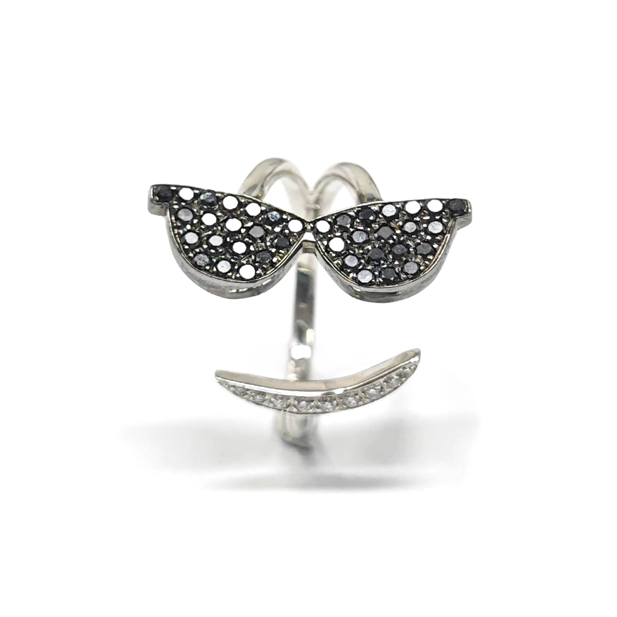 Anello con Occhiali e Sorriso con Diamanti Bianchi CT 0.06 e Neri CT 0.42