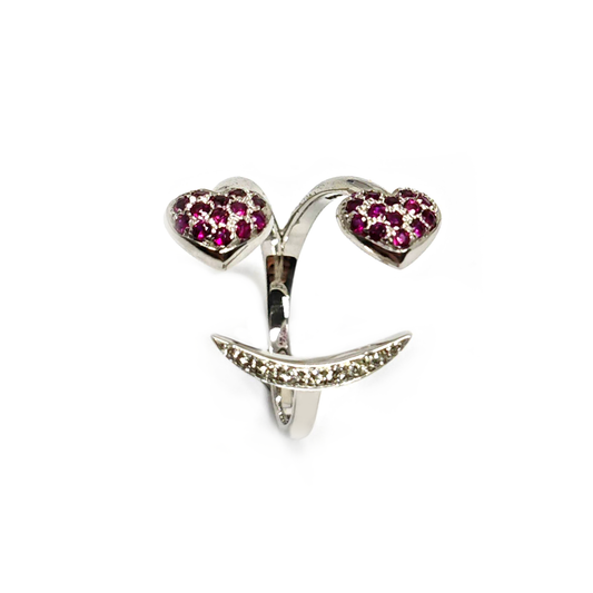 Anello con Cuori e Sorriso con Diamanti Bianchi CT 0.06 e Rubini CT 0.45