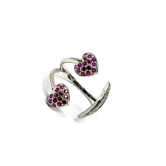 Anello con Cuori e Sorriso con Diamanti Bianchi CT 0.06 e Rubini CT 0.45