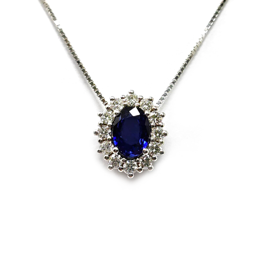 Pendente in Oro Bianco 18kt con Zaffiro CT 0.80 e Diamanti CT 0.36
