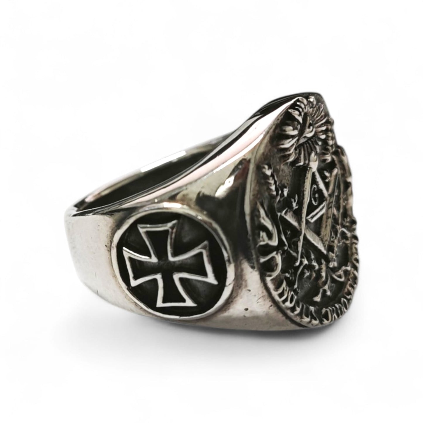 Anello Uomo Massonico in Argento 925 con Teschio e Croce Templare