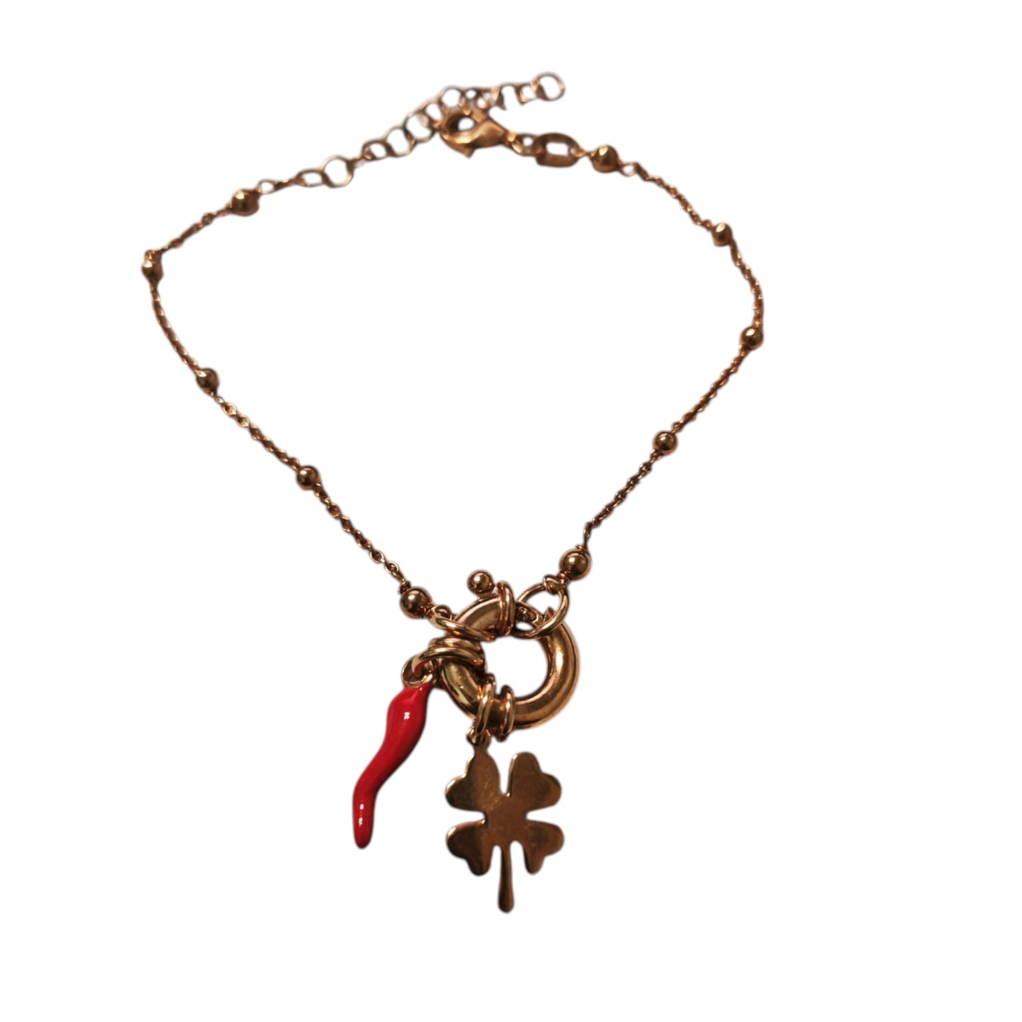 Bracciale Rosato con Pendenti a Peperoncino e Quadrifoglio