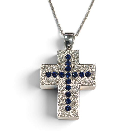 Pendente Croce Mattone in Oro Bianco 18kt con Diamanti CT 0.56 e Zaffiri CT 0.60