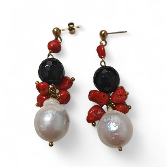 Orecchini in Argento 925 Giallo con Coralli Perle e Onice cm 4