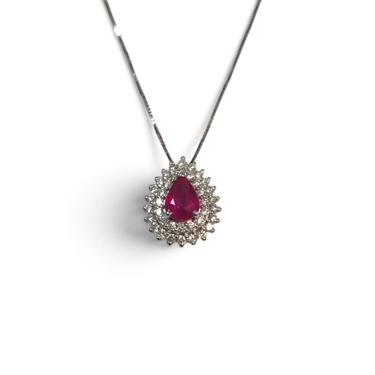 Pendente in Oro Bianco 18kt con Rubino CT 0.60 Goccia e Diamanti CT 0.37