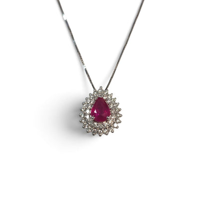 Pendente in Oro Bianco 18kt con Rubino CT 0.60 Goccia e Diamanti CT 0.37