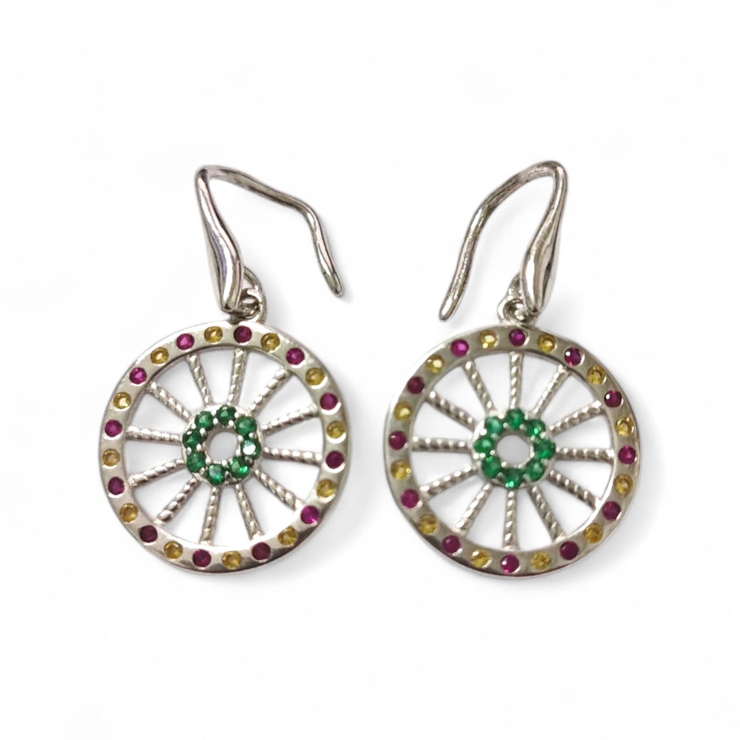 Orecchini in Argento Pendenti con Ruota di Zirconi rossi  verdi e Gialli cm 2.8
