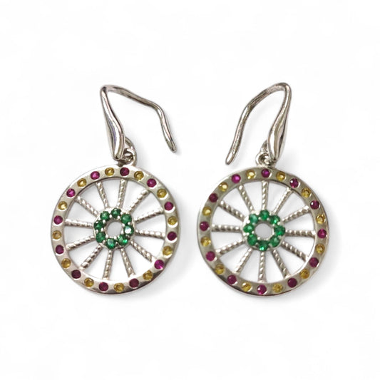 Orecchini in Argento Pendenti con Ruota di Zirconi rossi  verdi e Gialli cm 2.8