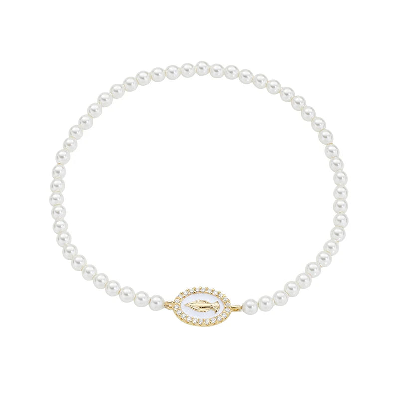 Bracciale di Perle con Medaglia Miracolosa Dorata e Smalto Bianco Perla Ref. BRELPE30SWGB