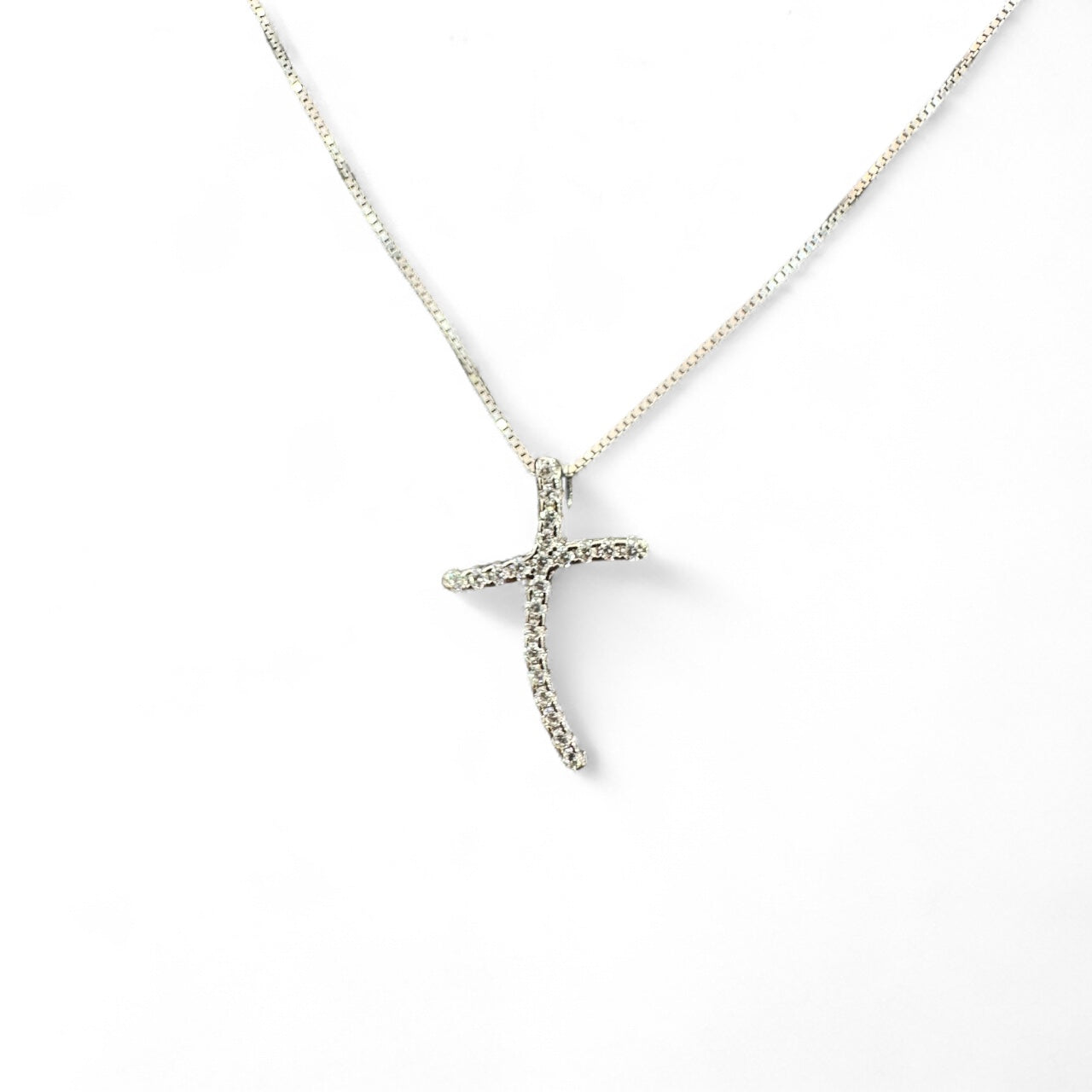 Collier in argento 925 con croce curva di zirconi bianchi