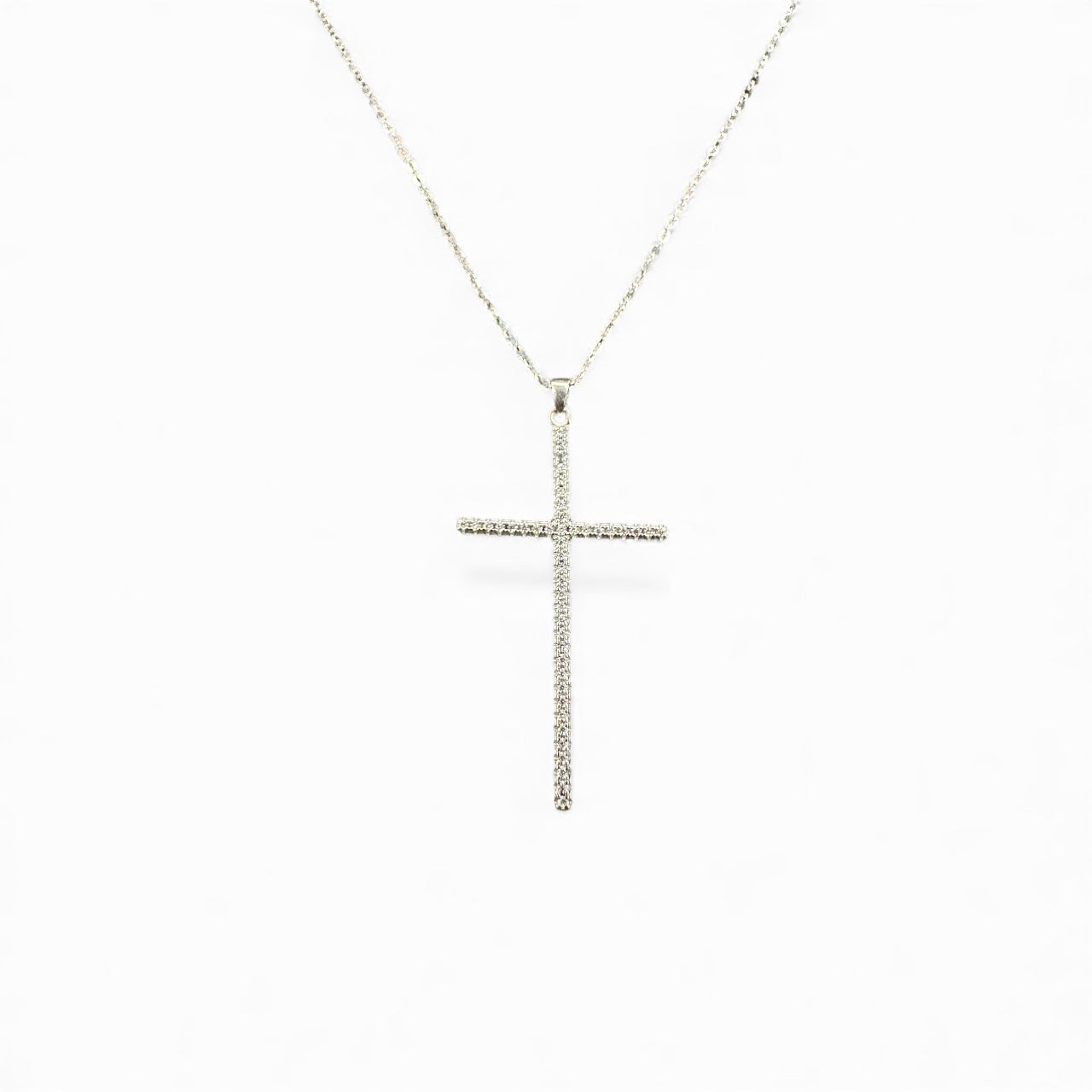 Collana con croce lunga in argento 925 con zirconi bianchi